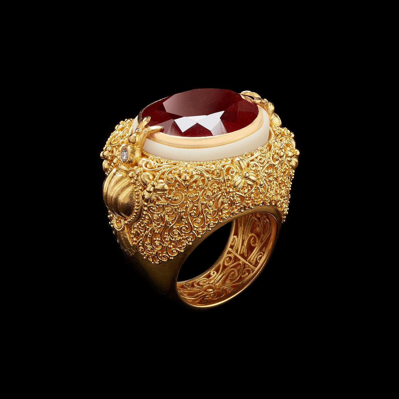 Oval-Cut Red Garnet & Gold Filigree Tagua Seed Ring - Alexandra Mor online