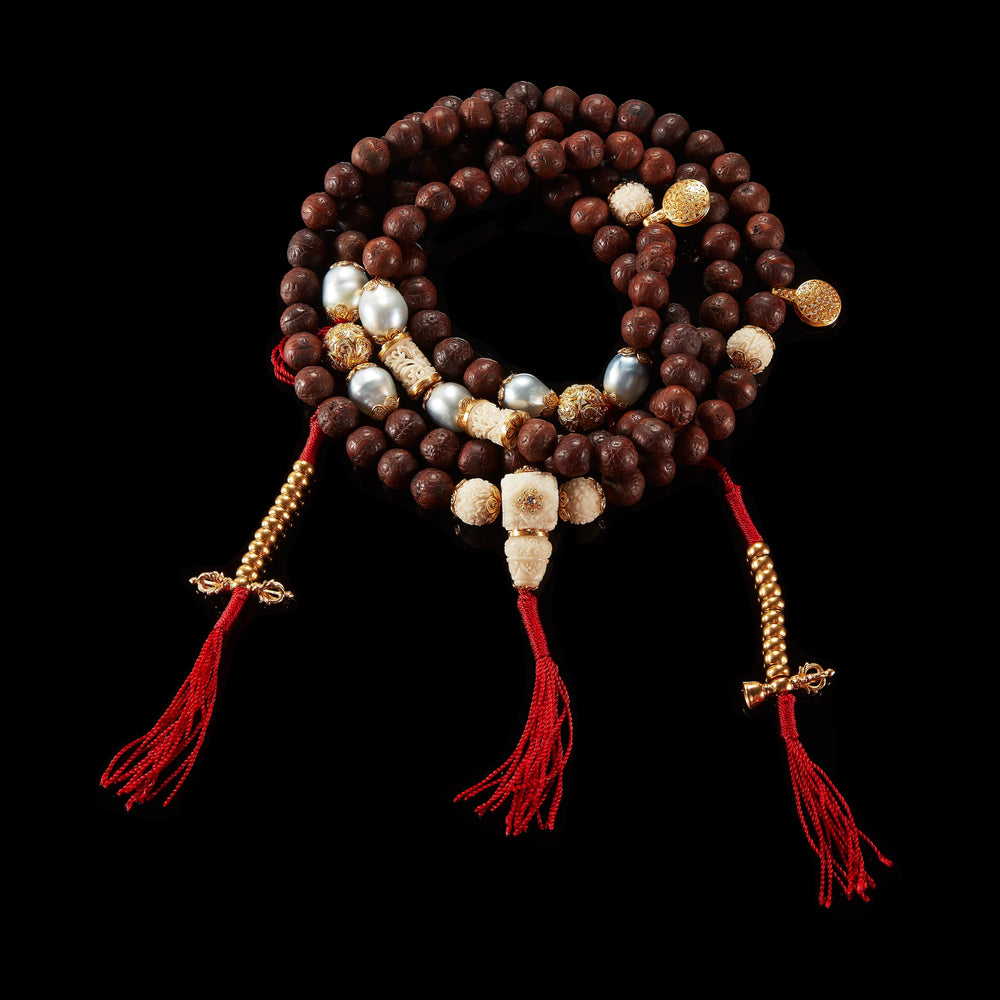 Long Budhi seed Baroque South Sea pearls and Tagua Rudraksha Beads and Diamonds Necklace