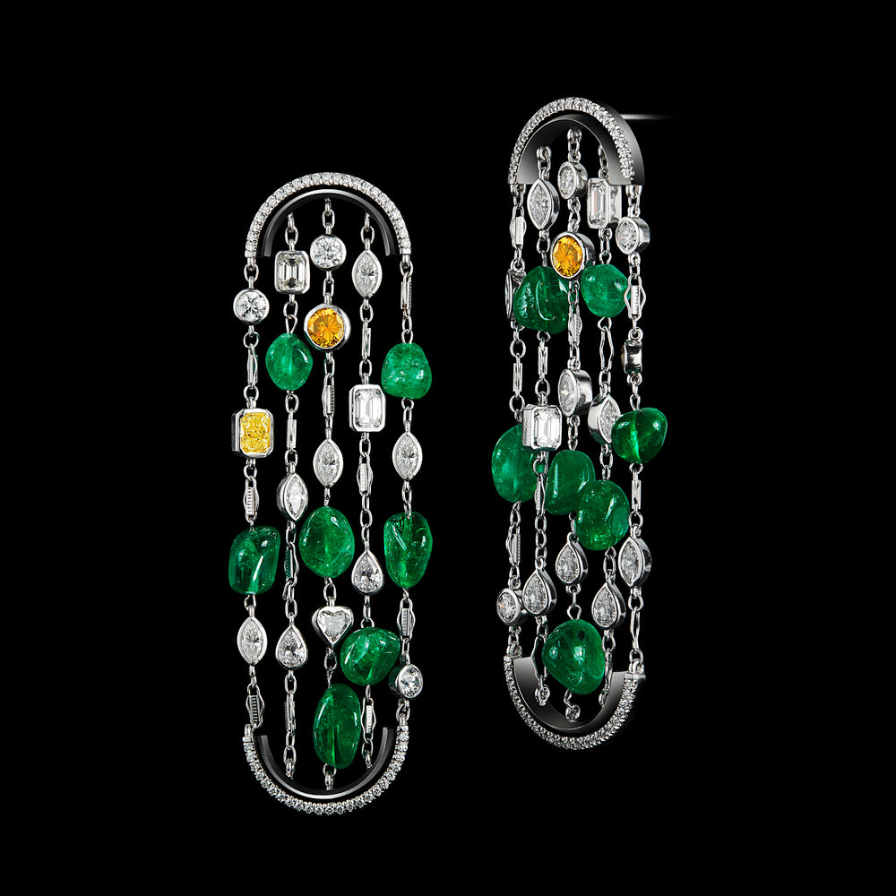 Arched Sautoir Fancy Diamond and Mezu-Mine Emerald Tumble Beads Earrings