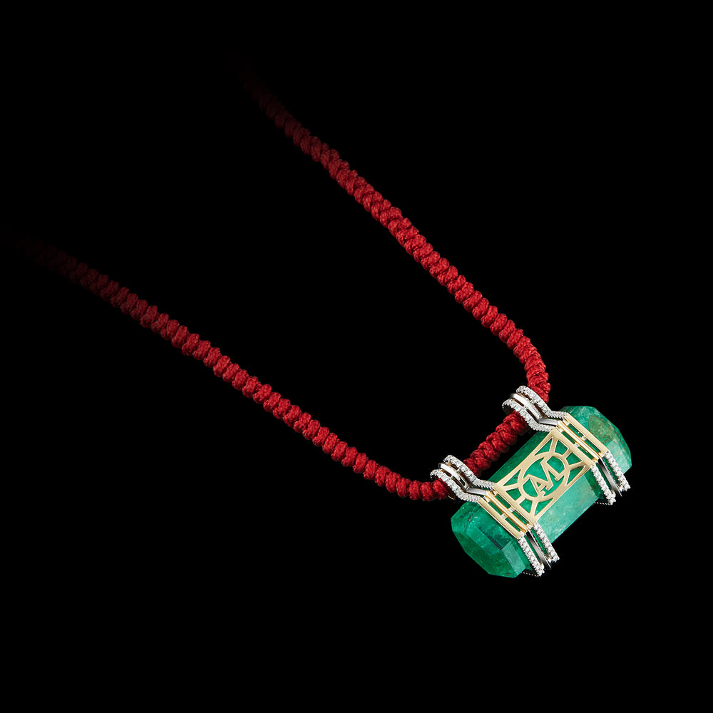 Crystal Green Emerald and Diamond Pendant on a Natural Silk Cord