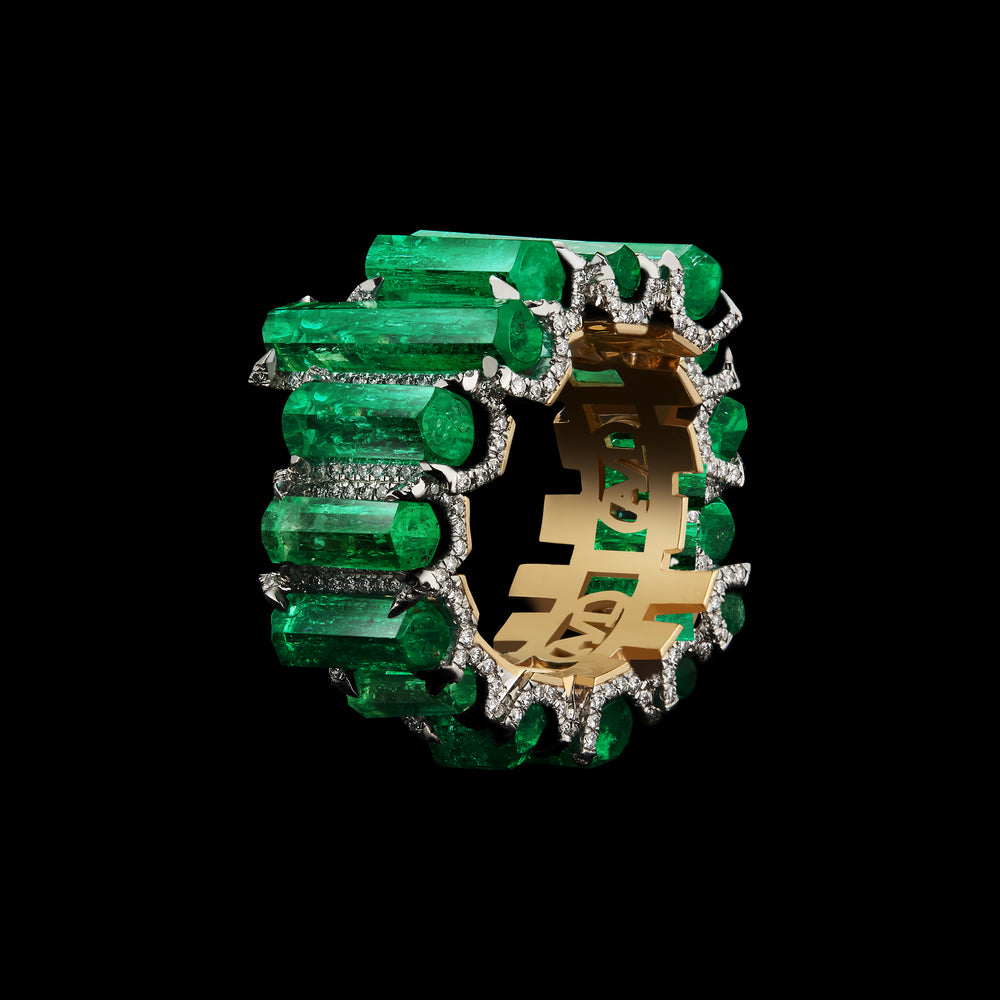 Natural Hexagon -Cut Emeralds & Diamonds Wide Eternity band