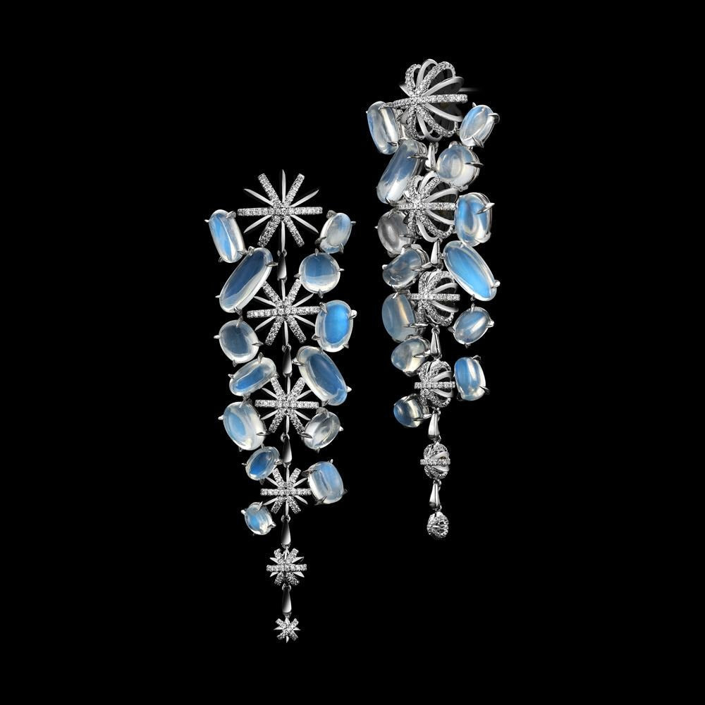 Diamond & Moonstone Long Snowflake Earrings - Alexandra Mor online