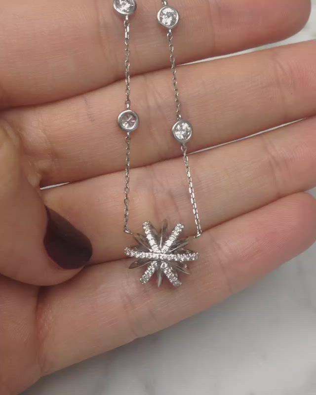 
                  
                    Load and play video in Gallery viewer, Platinum Diamond Snowflake Pendant and Bezel-Set Diamond Chain Necklace
                  
                