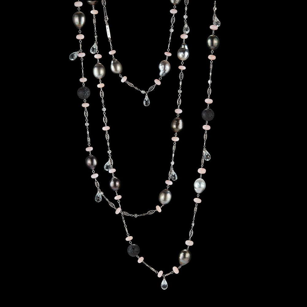 
            
                Load image into Gallery viewer, Pink Opal, Lava Beads and Pearl Sautoir Necklace - Alexandra Mor online
            
        