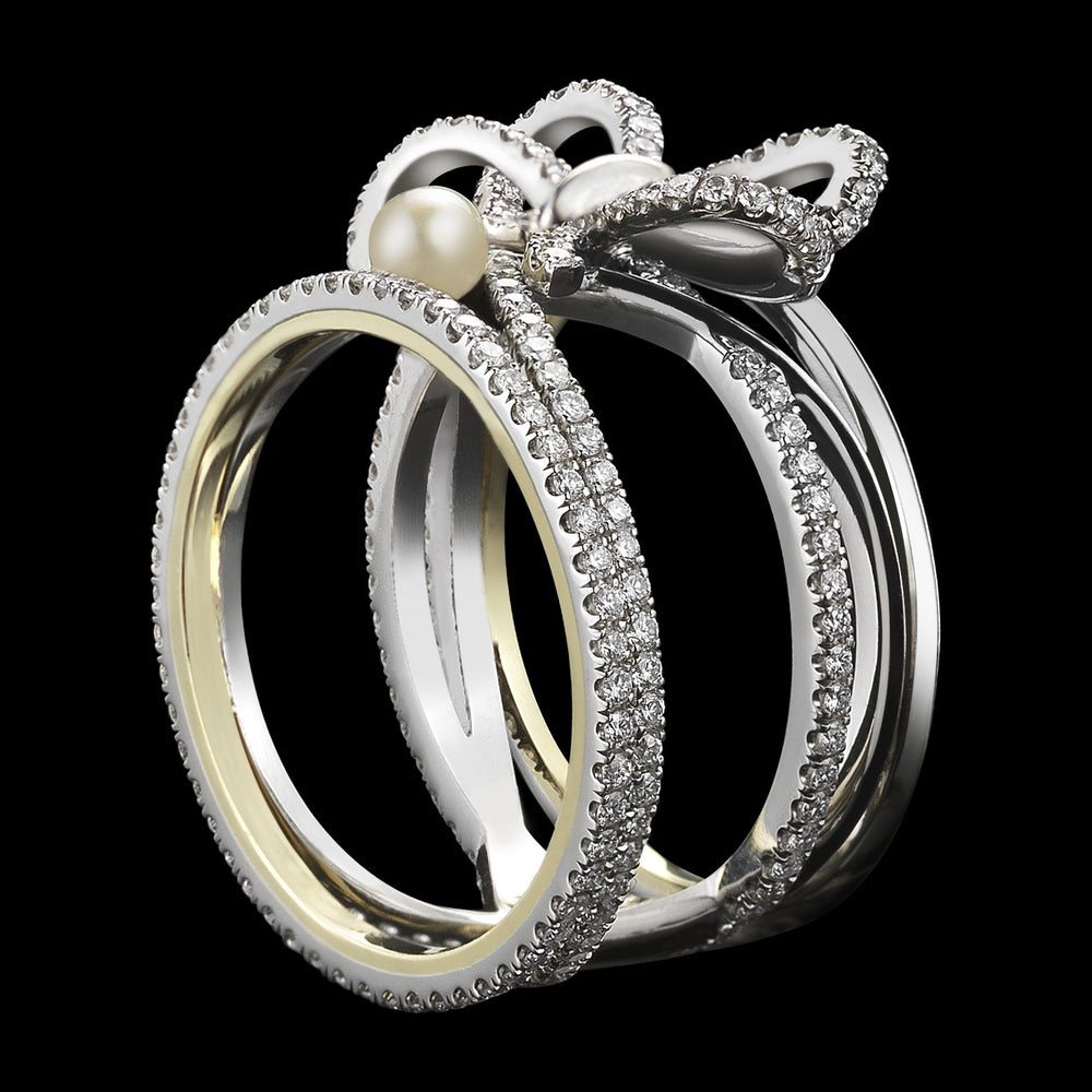 
            
                Load image into Gallery viewer, Platinum Contemporary Diamond Bow &amp;amp; Pearl Ring - Alexandra Mor online
            
        