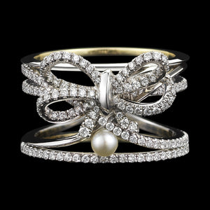 
            
                Load image into Gallery viewer, Platinum Contemporary Diamond Bow &amp;amp; Pearl Ring - Alexandra Mor online
            
        