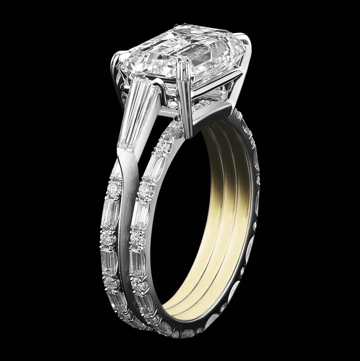 Three Ring Emerald Cut Diamond and Baguette Engagement Ring - Alexandra Mor online