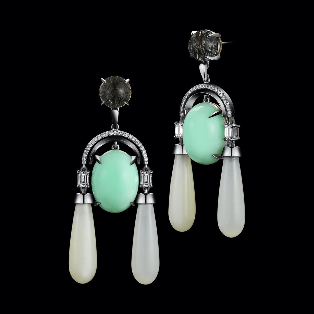 Diamond Arch Earrings with Green Opal Cabochon, Moonstone Drops, & Black Rutilated Quartz - Alexandra Mor online