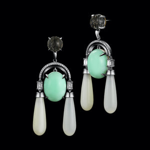 
            
                Load image into Gallery viewer, Diamond Arch Earrings with Green Opal Cabochon, Moonstone Drops, &amp;amp; Black Rutilated Quartz - Alexandra Mor online
            
        