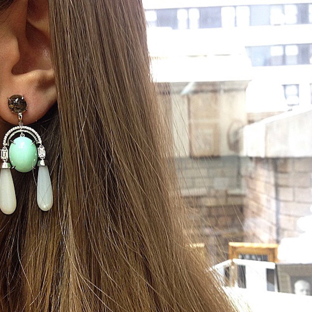 
            
                Load image into Gallery viewer, Diamond Arch Earrings with Green Opal Cabochon, Moonstone Drops, &amp;amp; Black Rutilated Quartz - Alexandra Mor online
            
        