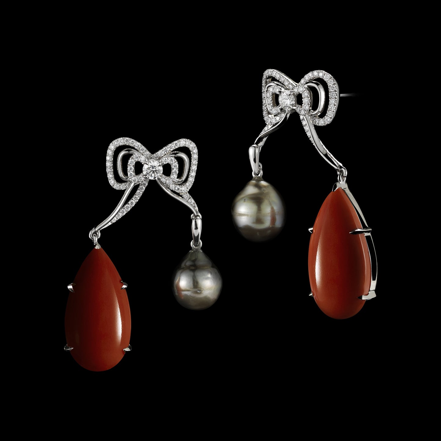 Diamond Medi Bow Stud Earrings with Pear Shape Coral & Grey Baroque Pearls - Alexandra Mor online