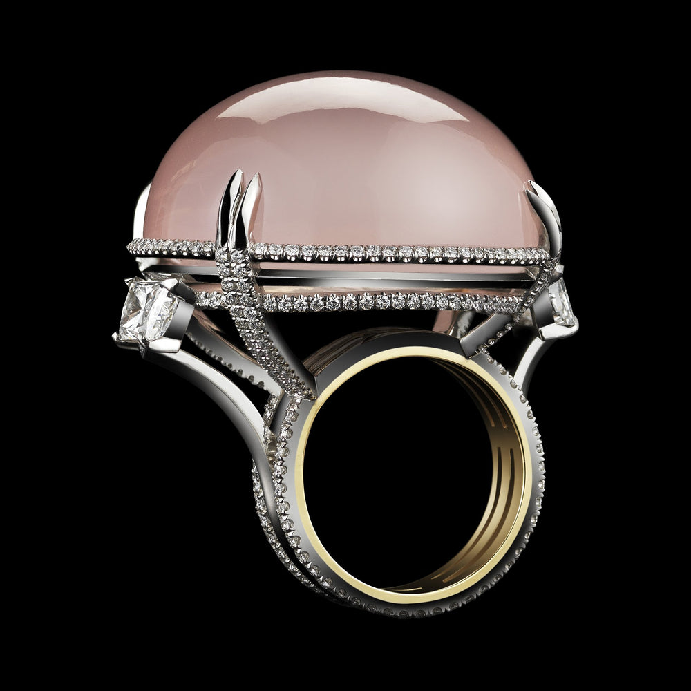 Rose-Quartz Cabochon & Diamond Slanted Ring - Alexandra Mor online
