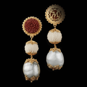 
            
                Load image into Gallery viewer, Three-tier Carved Sawo Wood Flower &amp;amp; Baroque Pearl Earrings - Alexandra Mor online
            
        