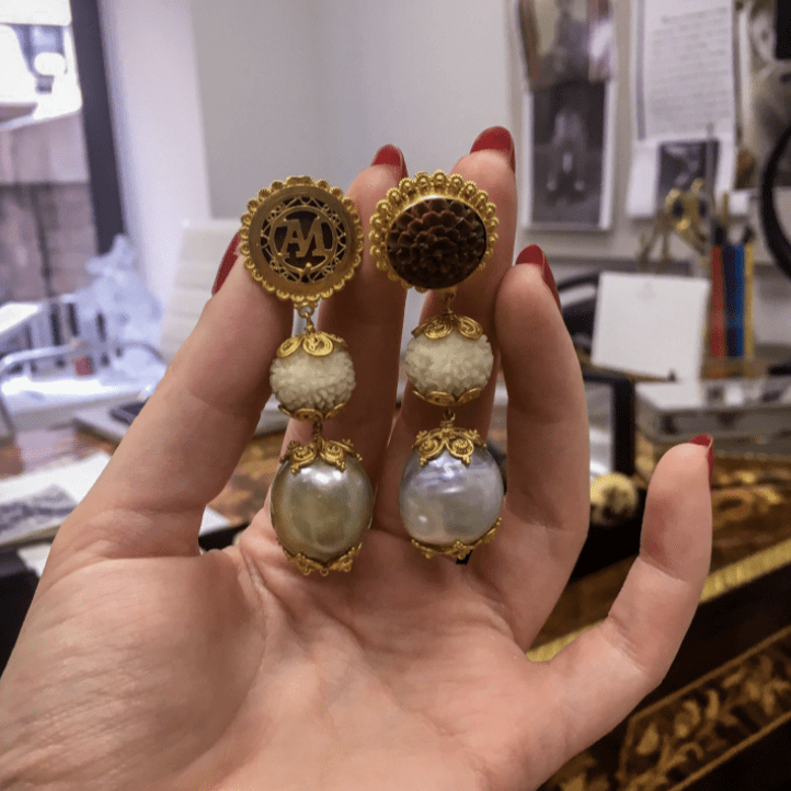 
                  
                    Three-tier Carved Sawo Wood Flower & Baroque Pearl Earrings - Alexandra Mor online
                  
                