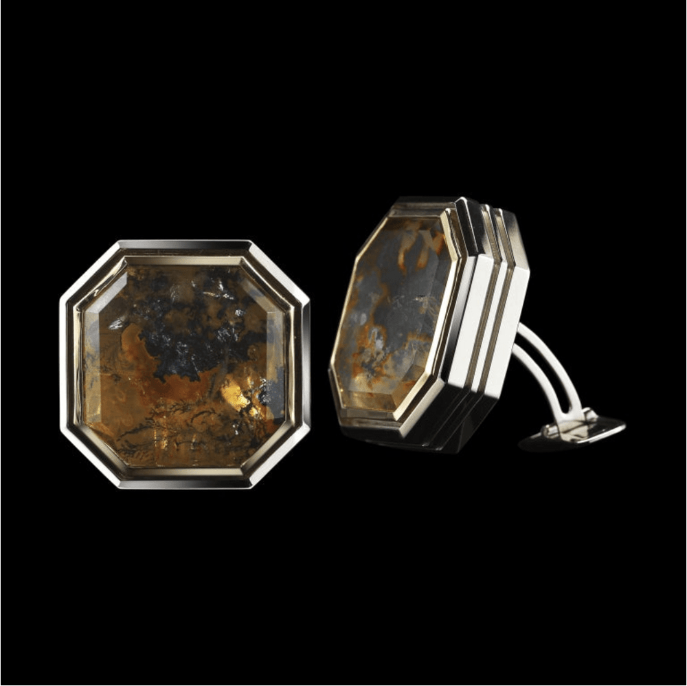 
            
                Load image into Gallery viewer, Octagon-Cut Dendritic Quartz Diamond Gold Cufflinks - Alexandra Mor online
            
        