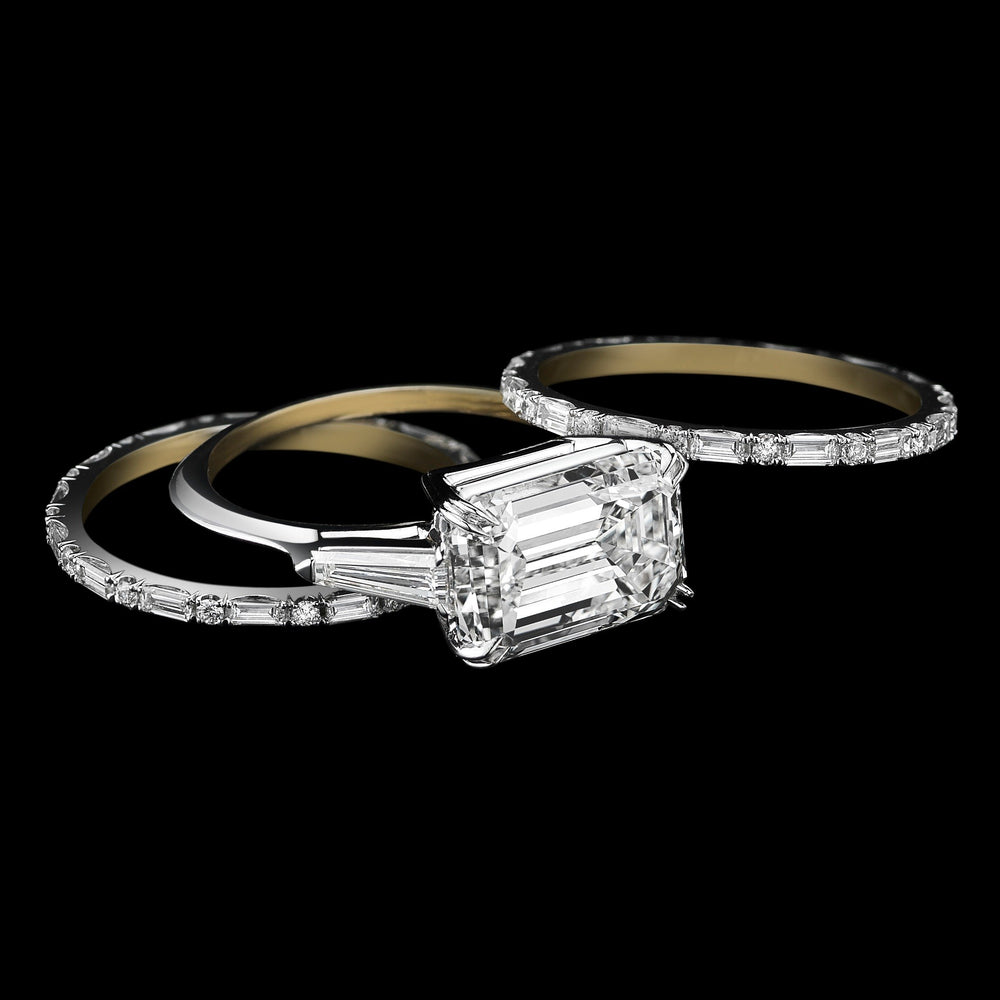 Three Ring Emerald Cut Diamond and Baguette Engagement Ring - Alexandra Mor online